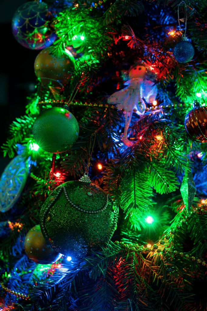 Close-up of a Christmas tree decorated with colorful lights, green glitter ornaments, and festive baubles, creating a vibrant and cheerful holiday glow.
