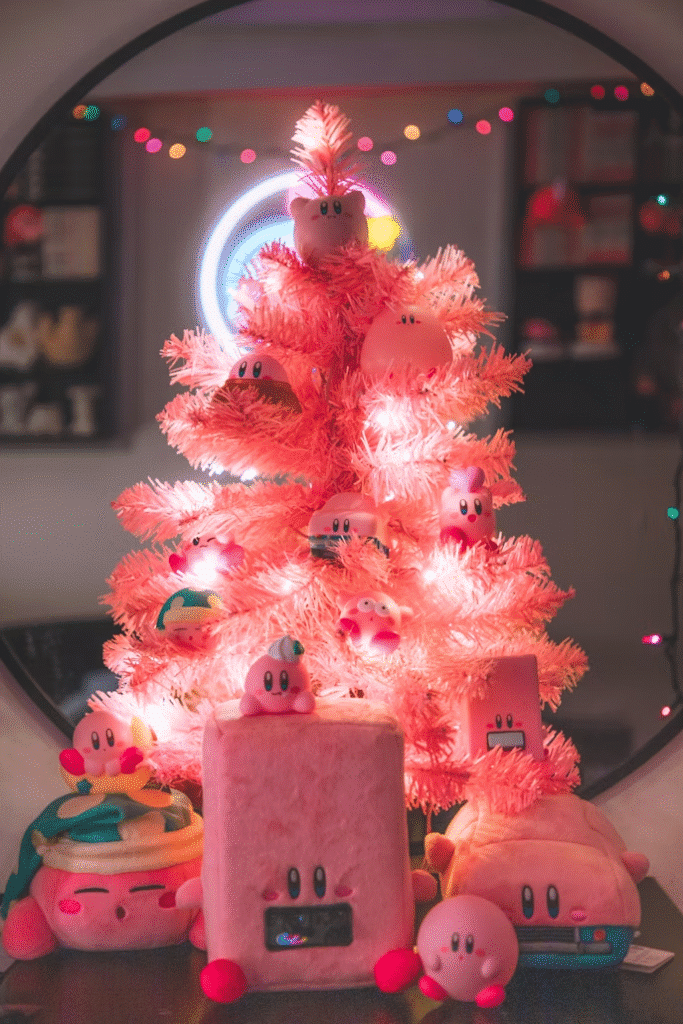 Pink Christmas tree decorated with Kirby-themed ornaments and surrounded by Kirby plush toys, glowing softly with pink and warm white lights in a cozy room.