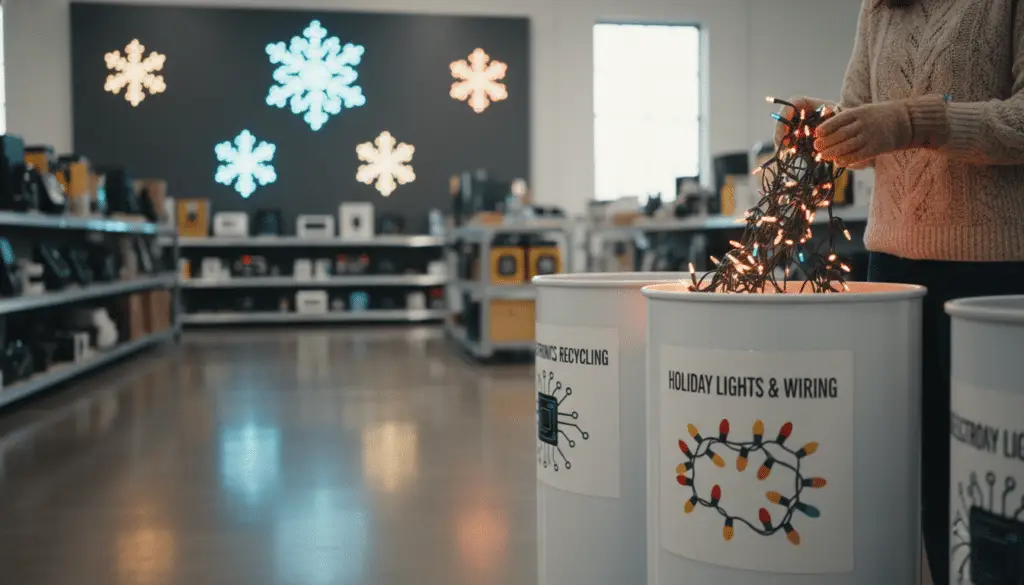 Person placing a bundle of glowing Christmas lights into a holiday light recycling bin inside a store, with illuminated snowflake decorations on the wall and shelves of electronics in the background.