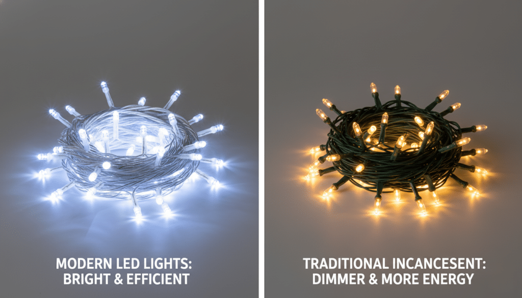 Side-by-side comparison of glowing Christmas light strands, with bright white modern LED lights on the left labeled “Modern LED Lights: Bright & Efficient” and warm yellow traditional incandescent lights on the right labeled “Traditional Incandescent: Dimmer & More Energy.”