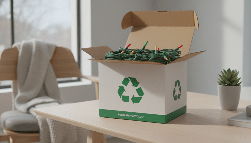Open cardboard box with a recycling symbol on the side, filled with coiled Christmas lights, sitting on a bright wooden table in a modern room with soft natural light, a chair draped with a blanket, and a small potted plant nearby.