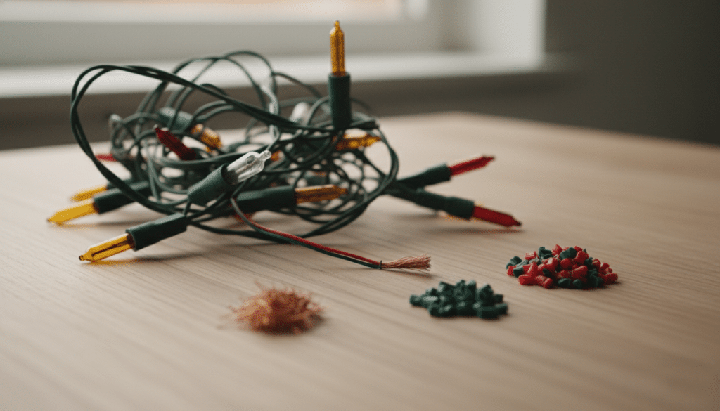 Tangled string of Christmas lights on a wooden table with separated piles of copper wiring and small plastic pieces, illustrating the breakdown process for recycling holiday light strands.