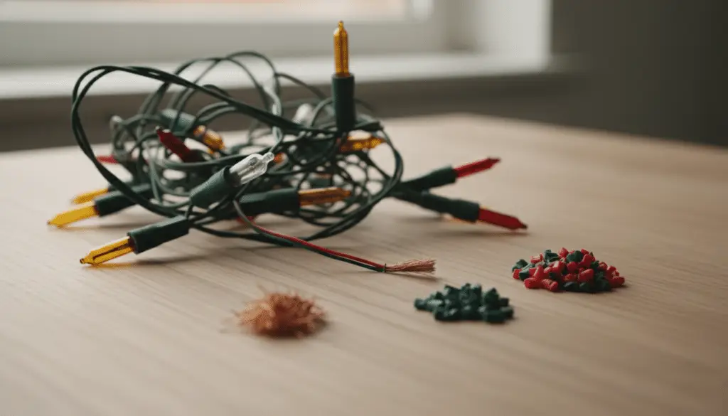 Tangled string of Christmas lights on a wooden table with separated piles of copper wiring and small plastic pieces, illustrating the breakdown process for recycling holiday light strands.