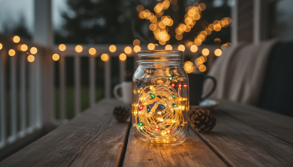 Mason jar filled with glowing multicolored Christmas lights sitting on a wooden porch table at dusk, with warm string lights and softly blurred holiday décor illuminating the background.