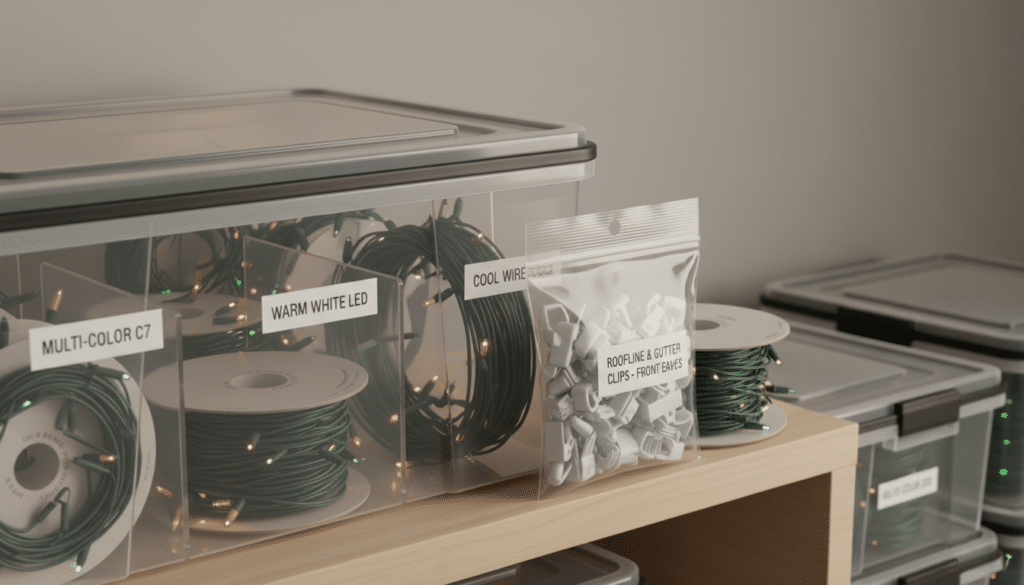 Neatly organized Christmas light storage with coiled strands labeled multicolor c7 warm white led and cool wire next to a pouch of roofline and gutter clips on a wooden shelf
