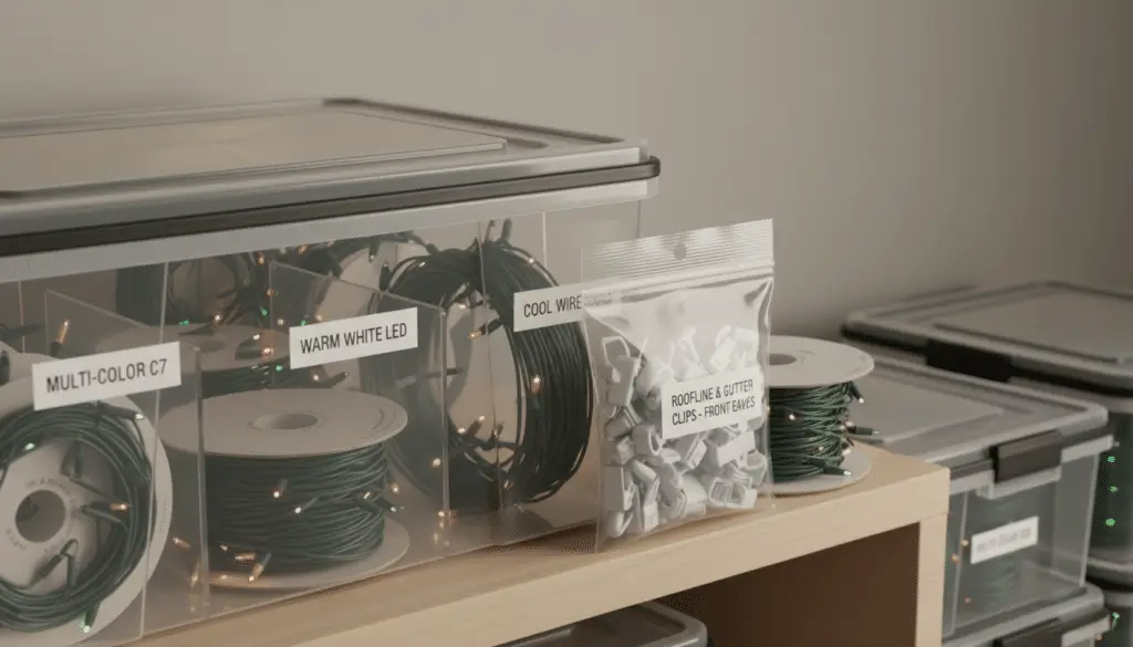 Neatly organized Christmas light storage with coiled strands labeled multicolor c7 warm white led and cool wire next to a pouch of roofline and gutter clips on a wooden shelf