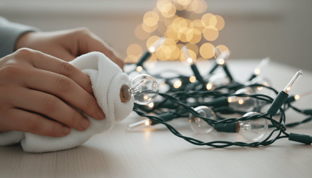 Hands gently wiping a clear Christmas light bulb with a soft white cloth while a strand of glowing holiday lights rests on a table with blurred warm bokeh in the background