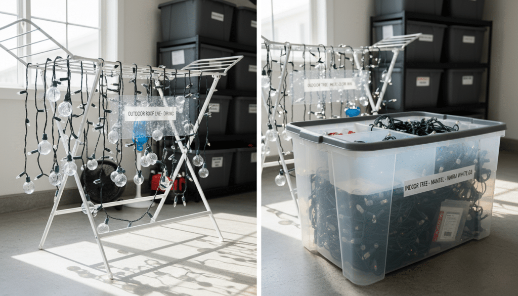 Outdoor Christmas lights drying on a white rack beside labeled storage bins and a clear plastic container filled with coiled indoor light strands in a bright organized storage room