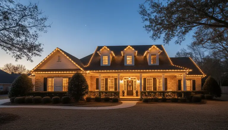 Two-story brick Southern home at dusk, outlined with warm white Christmas lights along the roofline, glowing windows, symmetrical landscaping, and a wreath on the front door