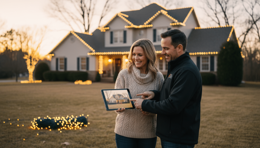 Smiling homeowners reviewing a holiday lighting design on a tablet in front of their house decorated with warm white Christmas lights at sunset