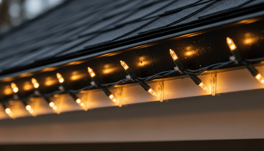 Close-up of warm white LED Christmas lights securely clipped along a roofline gutter with visible shingles and soft evening glow