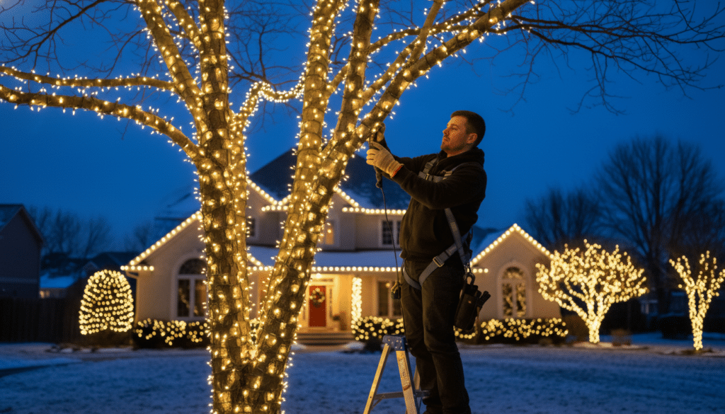 Professional installer wrapping a tree trunk and branches with warm white Christmas lights in front of a fully decorated home at night