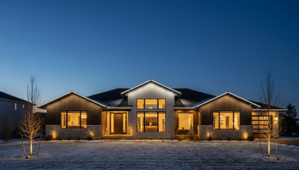 Modern home with clean white roofline Christmas lights glowing at dusk and warm interior lighting visible through large windows