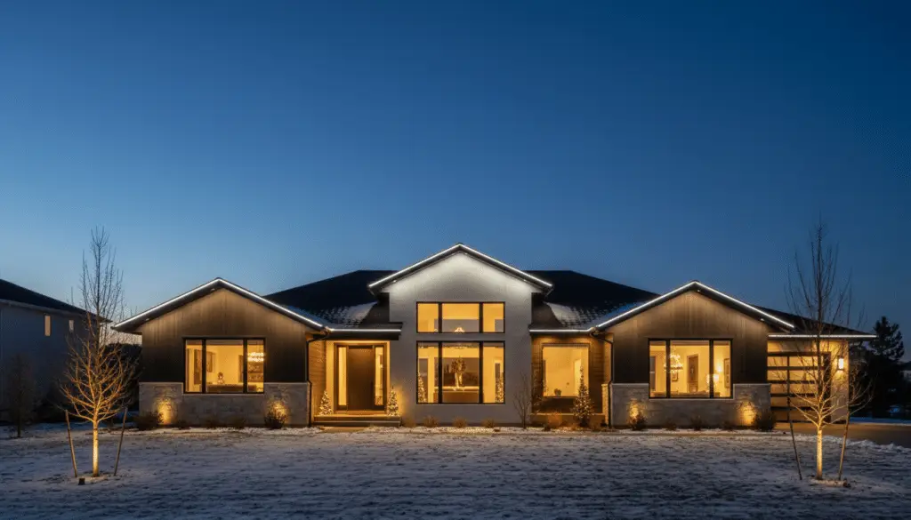 Modern home with clean white roofline Christmas lights glowing at dusk and warm interior lighting visible through large windows