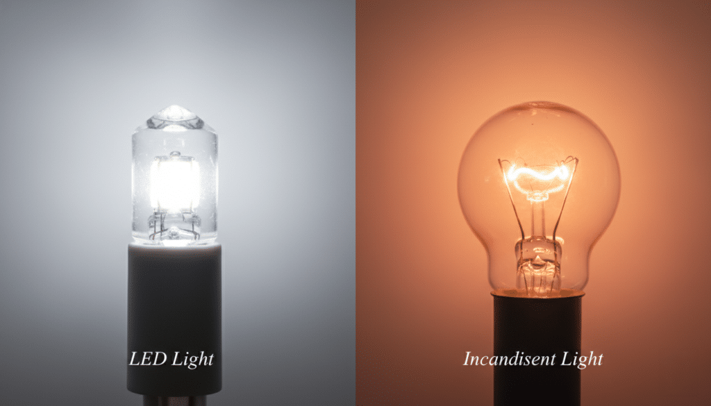 Side-by-side comparison of an LED light bulb emitting cool white light and an incandescent bulb glowing warm amber, highlighting the brightness and color temperature difference