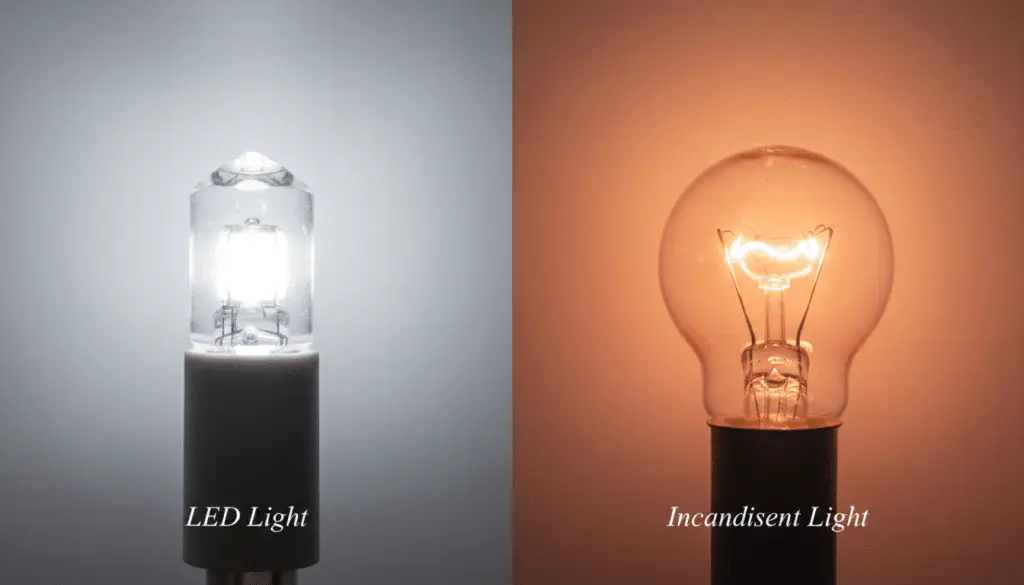 Side-by-side comparison of an LED light bulb emitting cool white light and an incandescent bulb glowing warm amber, highlighting the brightness and color temperature difference
