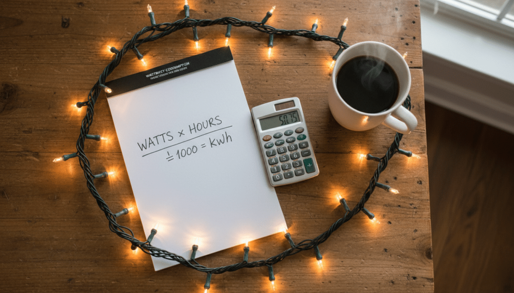 Flat lay of Christmas lights surrounding a notepad with electricity formula watts times hours divided by 1000 equals kWh, calculator showing numbers, and a cup of coffee on a wooden table, illustrating holiday energy cost calculation