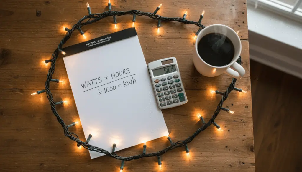 Flat lay of Christmas lights surrounding a notepad with electricity formula watts times hours divided by 1000 equals kWh, calculator showing numbers, and a cup of coffee on a wooden table, illustrating holiday energy cost calculation