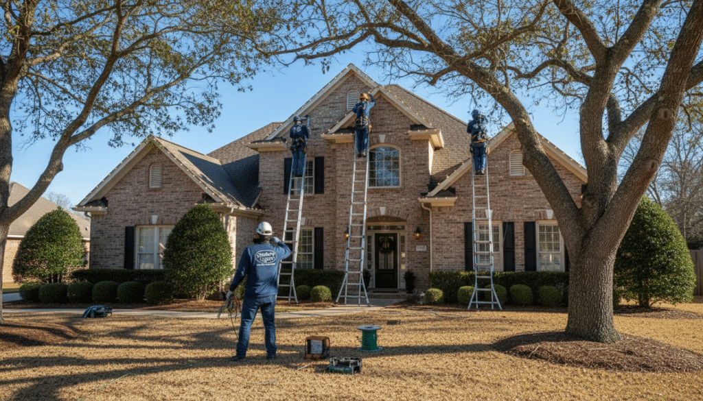 Professional Christmas light installation crew setting up roofline lights on a two story brick home using ladders and safety gear during daytime installation