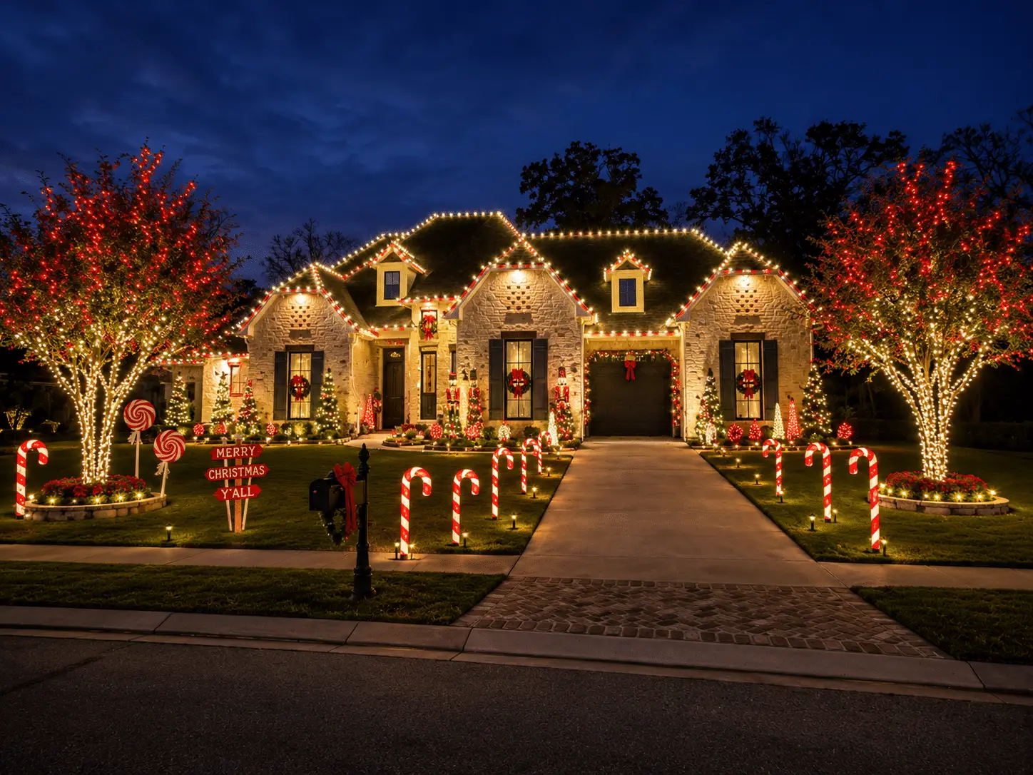 Candy cane themed Christmas lights on a brick Northshore home near Slidell