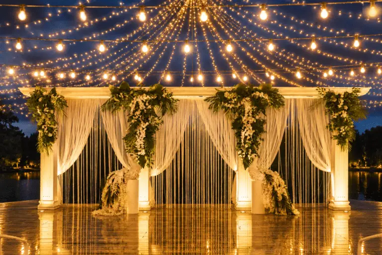 Tent lighting with white fabric draping, greenery, and string lights overhead