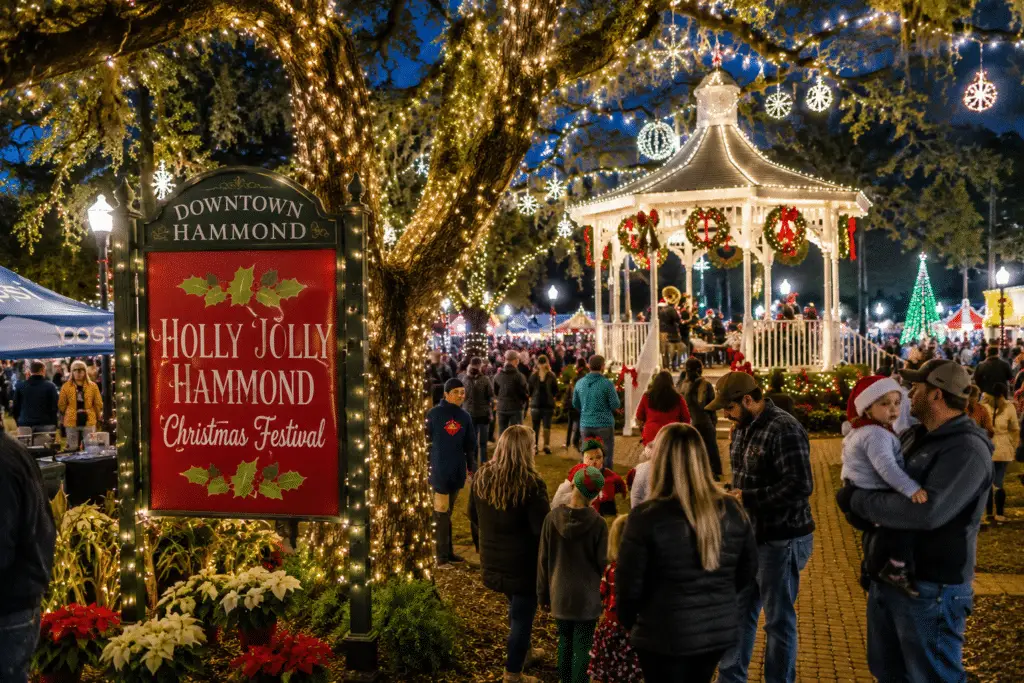 Holly Jolly community festival in Hammond, LA lit with holiday event lighting