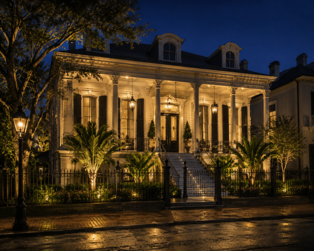 New Orleans home at DUSK be the light uplighting
