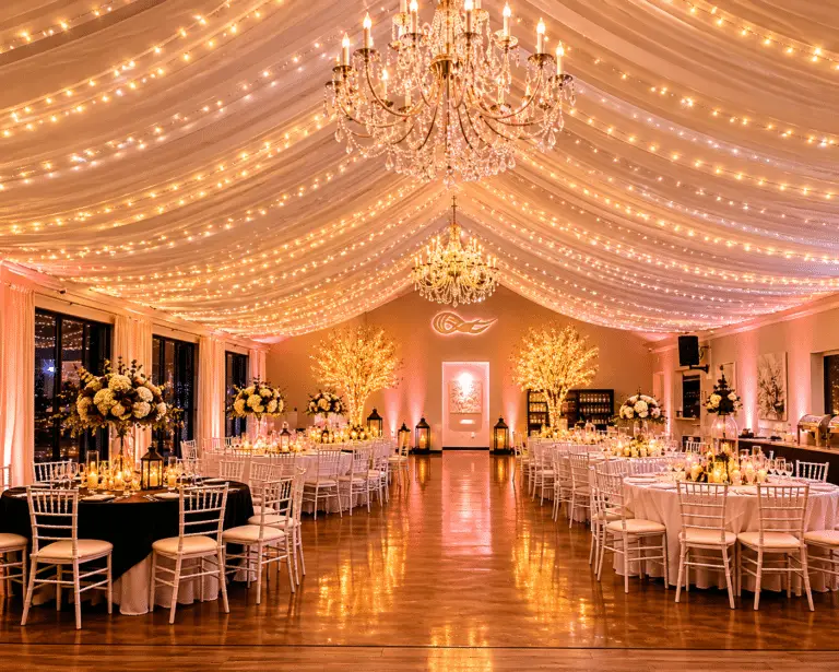 Indoor wedding reception with ceiling draping and romantic lighting