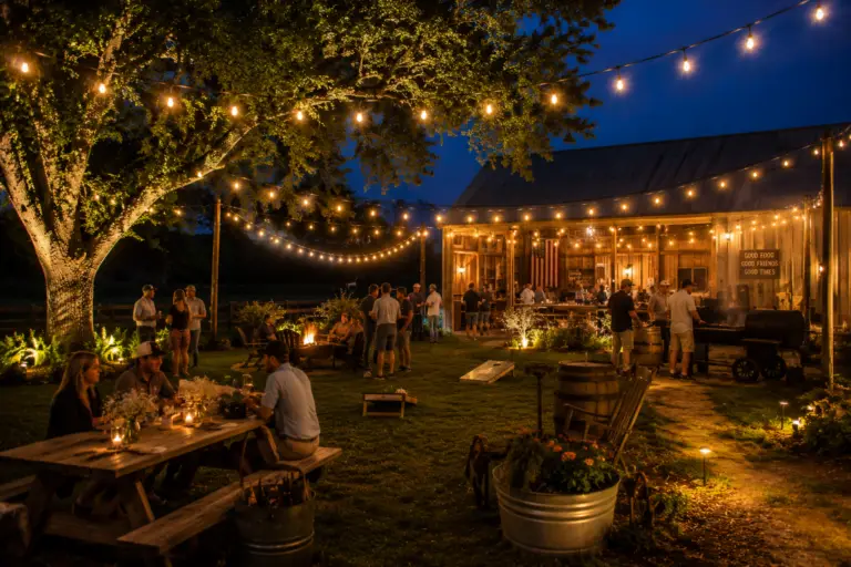 Backyard party with bistro string lights over picnic tables at dusk