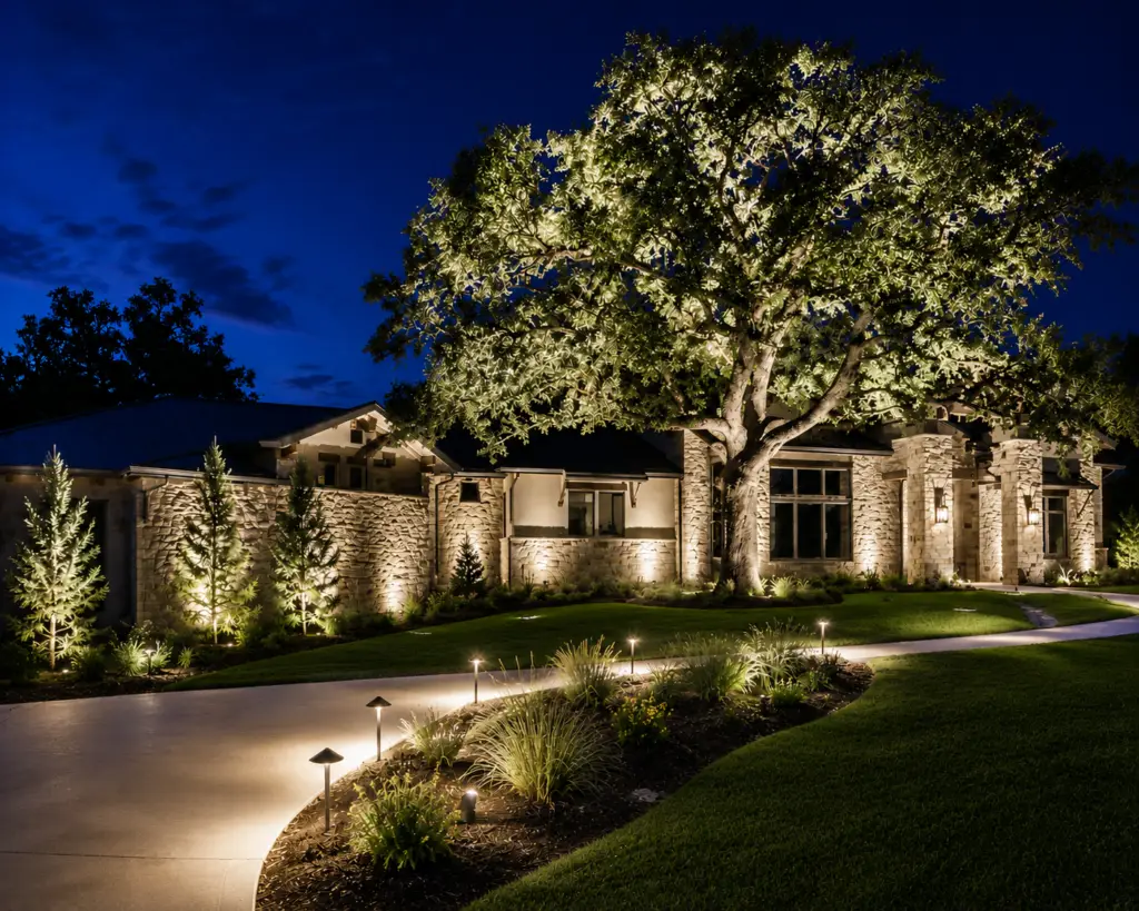 Uplit oak tree and bright landscape lighting on a stone home exterior