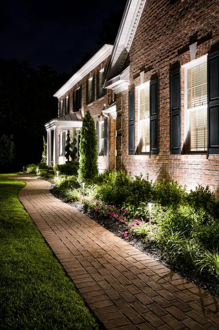 Bright white facade lighting on a brick colonial home with a lit brick path
