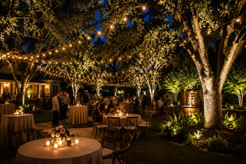 Cocktail high-top tables under trees wrapped in warm string lights