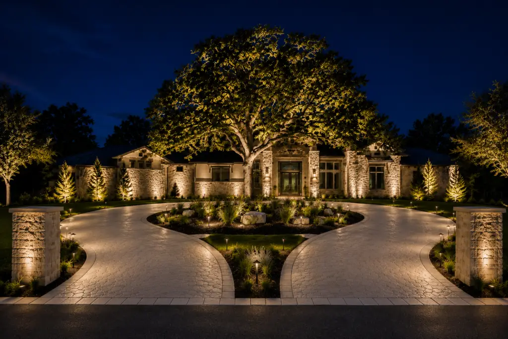 Uplit live oak and front landscape lighting at a Louisiana home