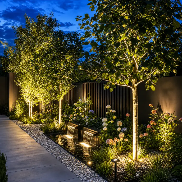 Uplighting on trees and garden beds along a backyard walkway