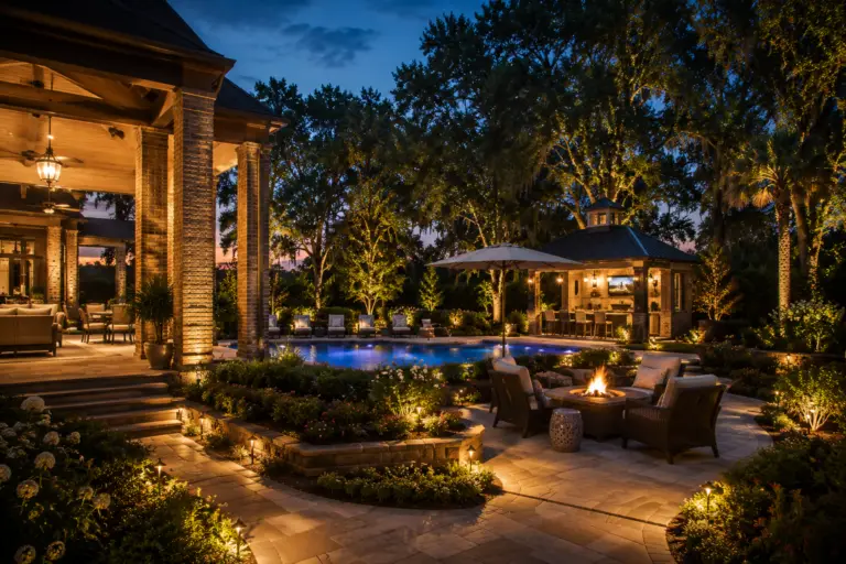Backyard patio and pool area with landscape lighting in Mississippi