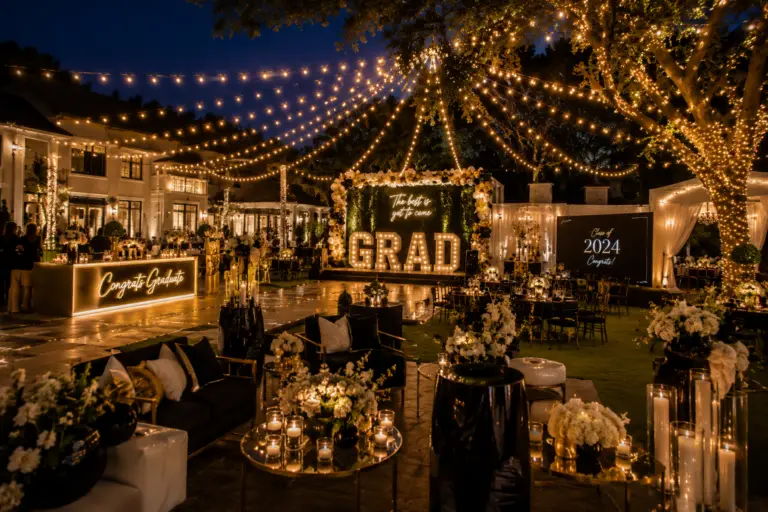 Outdoor graduation party with string lights and a lit GRAD marquee