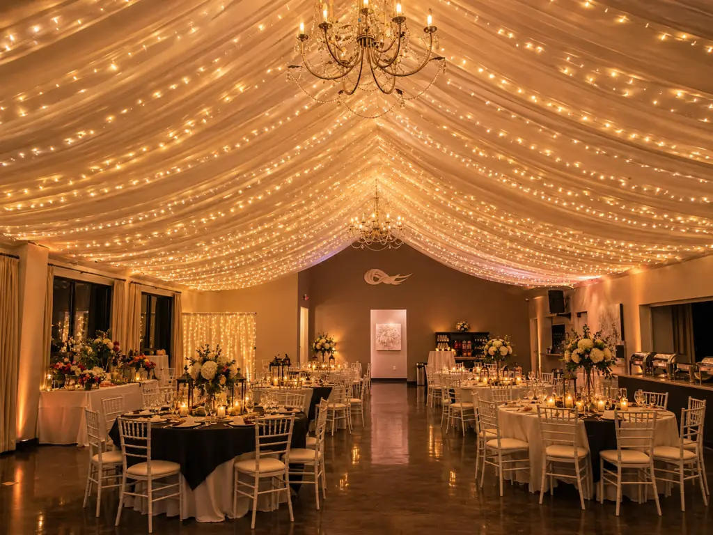 Indoor wedding reception under a canopy of draped ceiling lights
