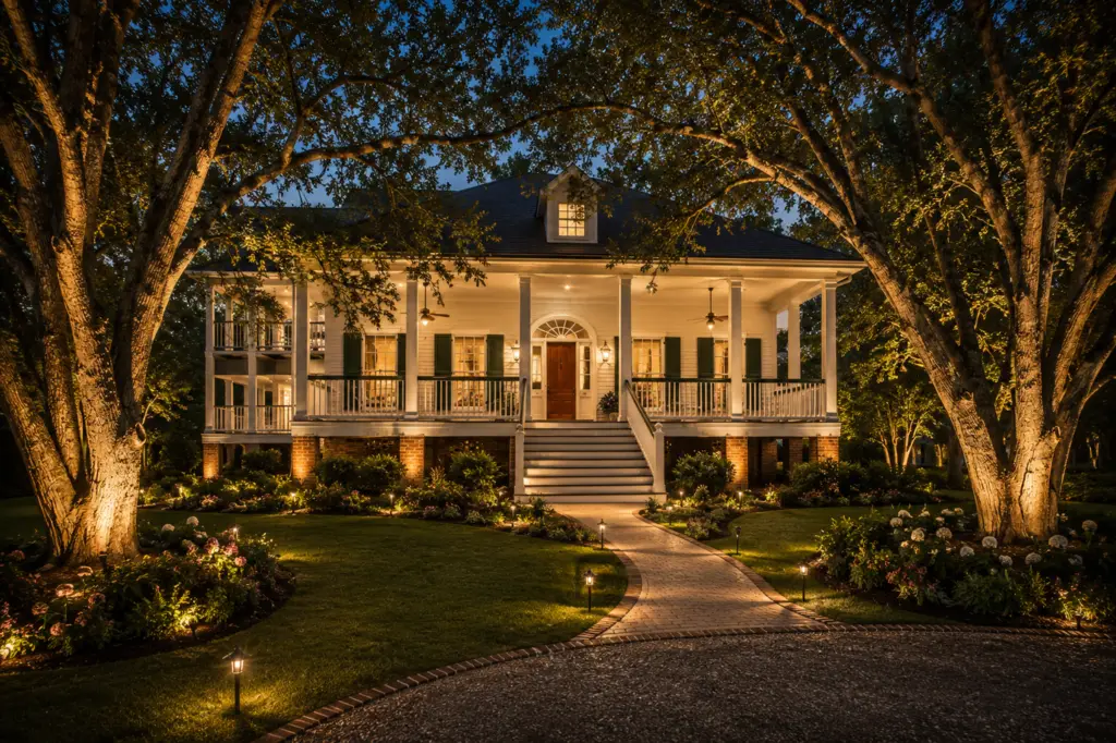 Landscape lighting and uplighting at a Louisiana home