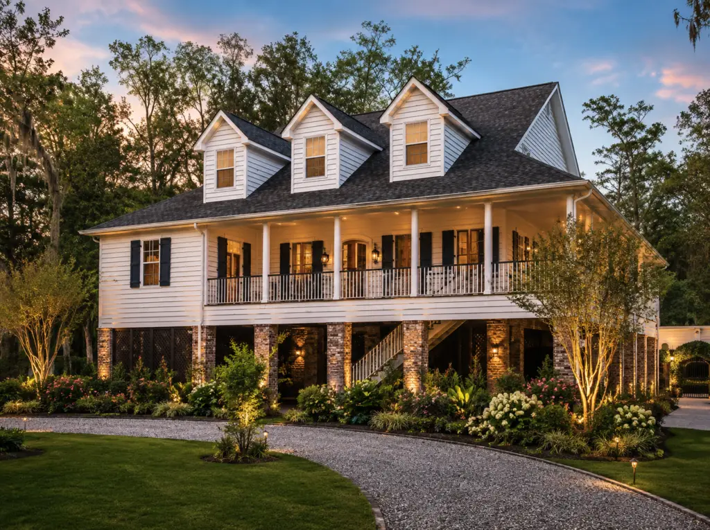Landscape lighting on a plantation-style home in Louisiana
