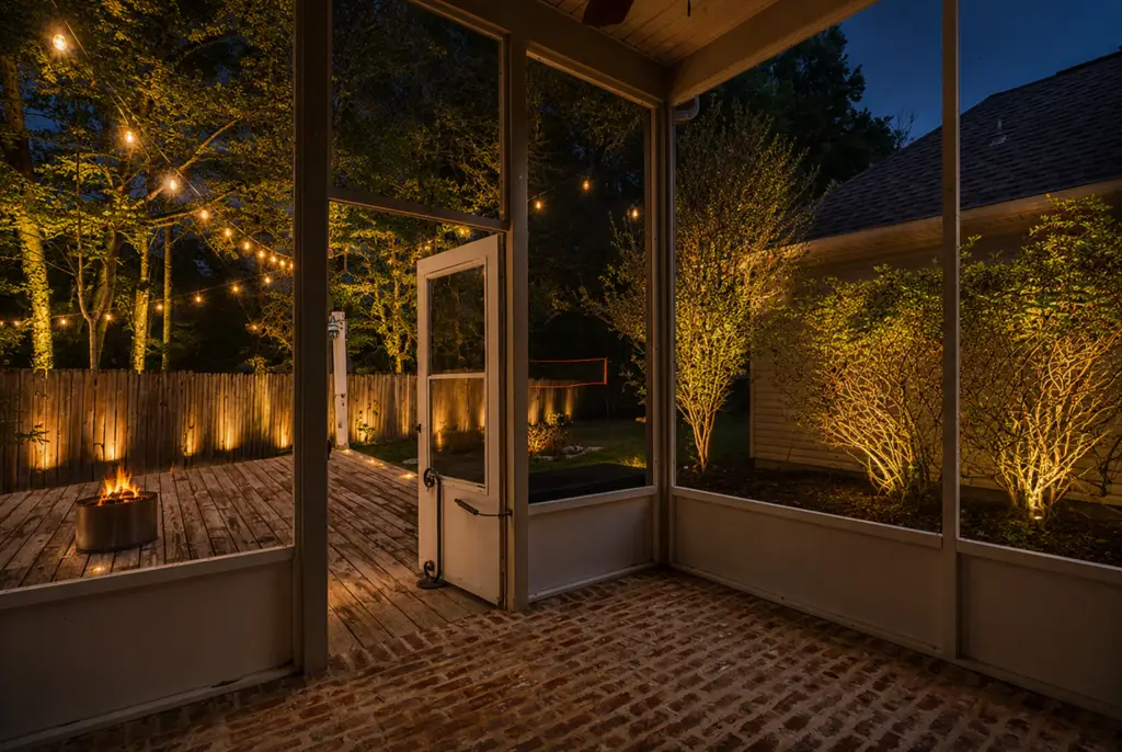 Backyard landscape lighting at a home in Madisonville, LA