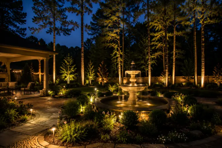 Garden fountain and pine trees accented with landscape uplighting