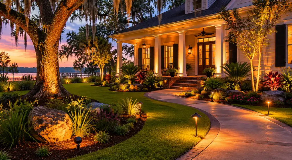 Warm path lighting and uplighting along a curved walkway at a South Louisiana home
