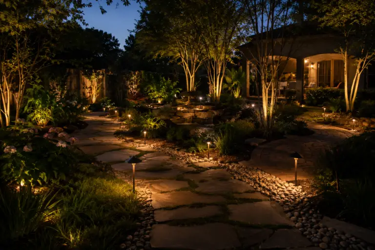 Path lights lining a stone walkway through a lit garden