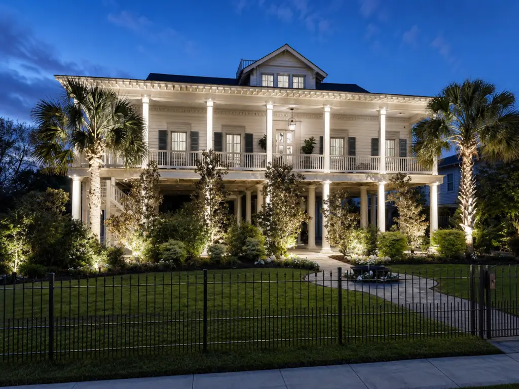 White landscape lighting on a lakefront home in Mandeville, LA